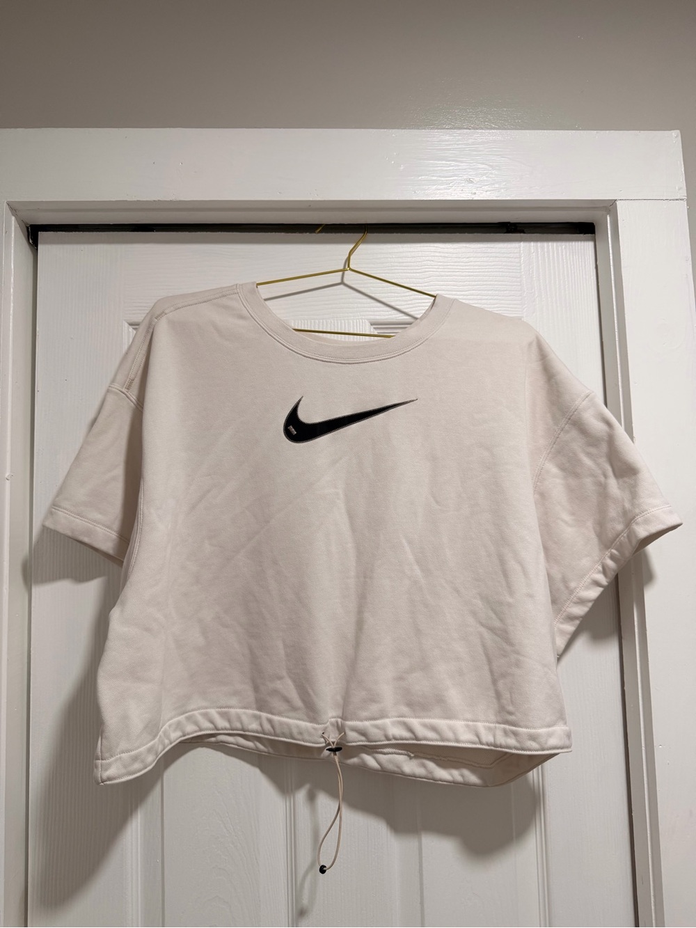 Nike Cream Crop Drawstring Tee with Black Swoosh